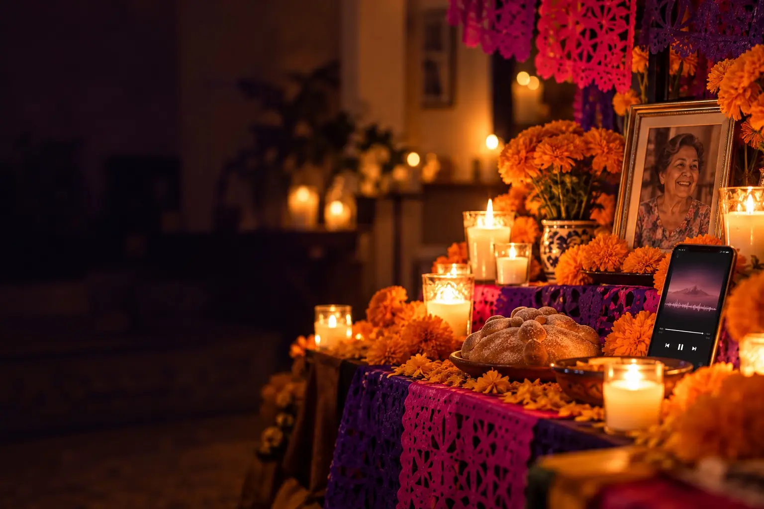 Ofrenda de Día de Muertos con cempasúchil, velas y una foto familiar